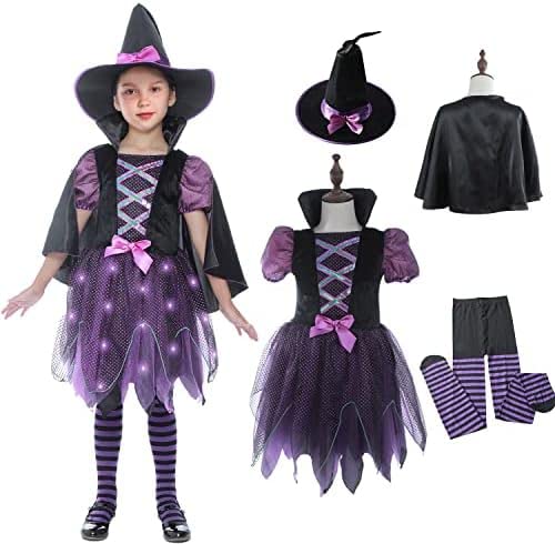 Rabtero Kinder Halloween Hexe Kostüm, Light Up Lila Hexe Kleid mit Hut, Cape und Strumpfhosen, Halloween Hexe Dress Up für Mädchen 7-8 Jahre von Rabtero