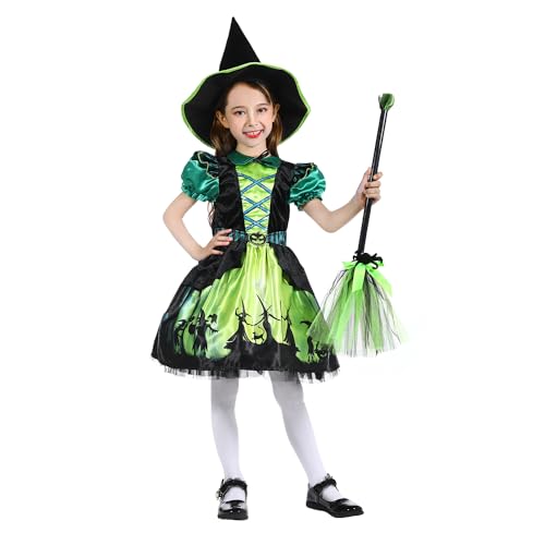 Rabtero Kinder Halloween Hexe Kostüm, Luxus grüne Hexe Kleid mit Hut, Halloween Hexe Kleid für Mädchen 3-4 Jahre von Rabtero