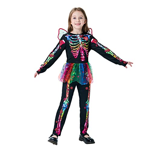 Rabtero Kinder Halloween Skelett Kostüm, Halloween Skelett Fancy Dress Up, Regenbogen Schädel Knochen Outfit mit Flügeln für Mädchen 7-8 Jahre von Rabtero