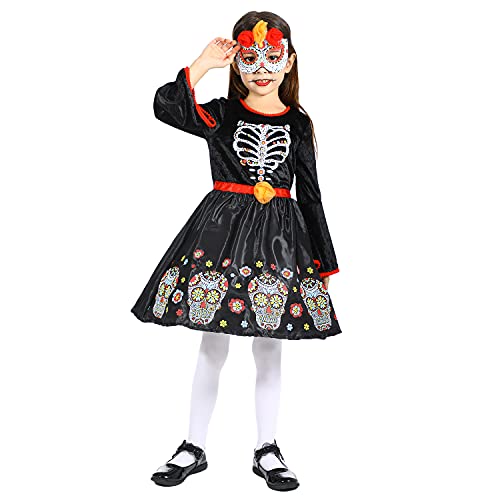 Rabtero Kinder Halloween Skelett Kostüm, Mädchen Tag der Toten Kostüm, Skelett Schädel Kleid für Mädchen 5-6 Jahre von Rabtero