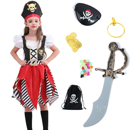 Rabtero Kinder Pirate Kostüm, Mädchen Luxus Pirate Prinzessin Kleid mit 7pcs Zubehör, Pirate Cosplay Dress Up Set für Kinder 7-8 Jahre von Rabtero