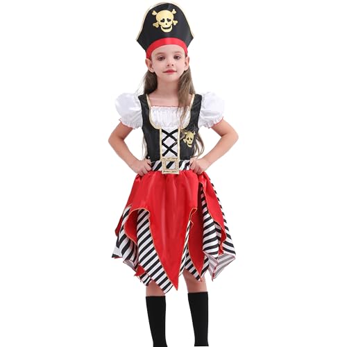 Rabtero Kinder Pirate Kostüm, Mädchen Pirate Prinzessin Kleid mit Hut nur, Pirate Rollenspiel Kostüm für Kinder 3-4 Jahre von Rabtero