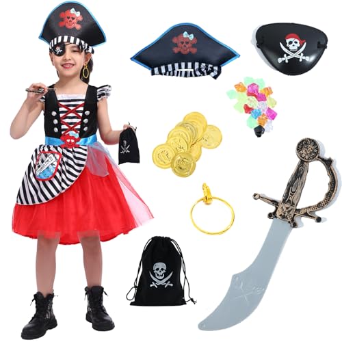 Rabtero Kinder Piraten Kostüm, Mädchen Upgrade Deluxe Piraten Prinzessin Kleid, mit 7pcs Piraten Zubehör für Kinder 8-10 Jahre von Rabtero