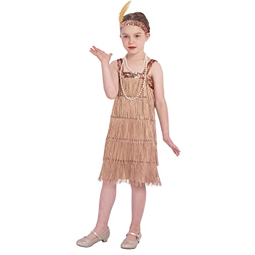 Rabtero Kinder Roaring the 20er Jahre Fancy Kleid Kostüm, Mädchen Flapper Kleid mit Perlenkette und Feder Stirnband, Gangster Flapper Kleid für Mädchen, golden, 2X-Large 12-14 von Rabtero