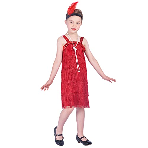 Rabtero Kinder Roaring the 20er Jahre Fancy Kleid Kostüm, Mädchen Flapper Kleid mit Perlenkette und Feder Stirnband, Gangster Flapper Kleid für Mädchen, rot, Mittel 6-8 von Rabtero