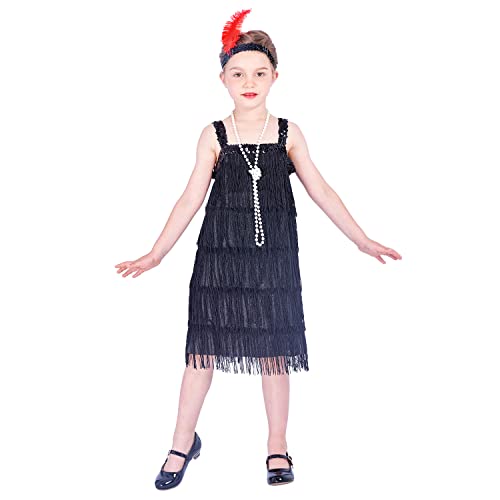 Rabtero Kinder Roaring the 20er Jahre Fancy Kleid Kostüm, Mädchen Flapper Kleid mit Perlenkette und Feder Stirnband, Gangster Flapper Kleid für Mädchen, schwarz, 2X-Large 12-14 von Rabtero