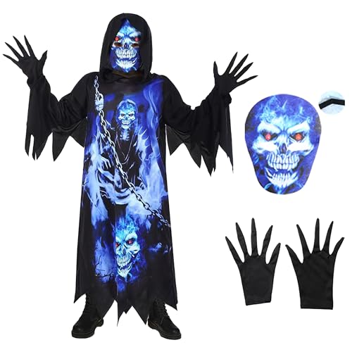 Rabtero Kinder Sensenmann Kostüm, Halloween Kostüm Dark Ghost Phantom, gruselige Robe mit bedruckter Maske und Handschuhe für Kinder 4-6 Jahre Rabtero Kinder Sensenmann Kostüm, Halloween Kostüm Dark Ghost Phantom, gruselige Robe mit bedruckter Maske und Handschuhe für Kinder 4-6 Jahre von Rabtero
