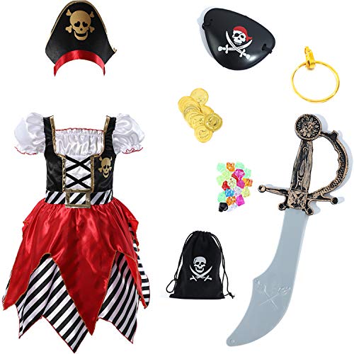 Rabtero Luxuriöses Piratenkostüm für Mädchen, Freibeuter-Prinzessinnenkleid mit viel Piraten-Rollenspiel-Spielzeug für Kinder von 7–8 Jahren von Rabtero