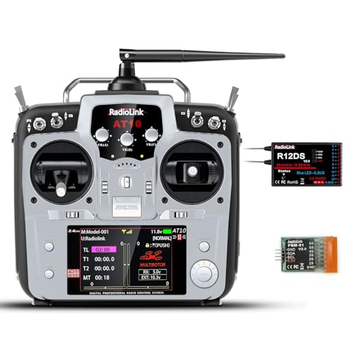 Radiolink AT10II 12 Kanäle 2.4G RC Sender und Empfänger R12DS & PRM-01 Spannungs-Telemetrie-Funksteuerung für RC-Flugzeug FPV Renndrohne Quad Helikopter Auto und Boot (Grau Mode 2 Left Hand) von Radiolink