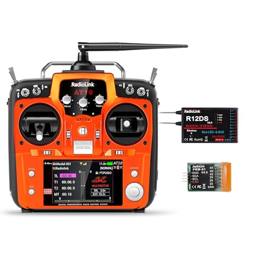 Radiolink AT10II 12 Kanäle RC Transmitter und Empfänger R12DS 2.4GHz Radio Fernbedienung, Spannungselemetrie für RC Flugzeug Racing Drohne, Quad, Hubschrauber, Auto und Boot (Linkshänder Gashebel) von Radiolink