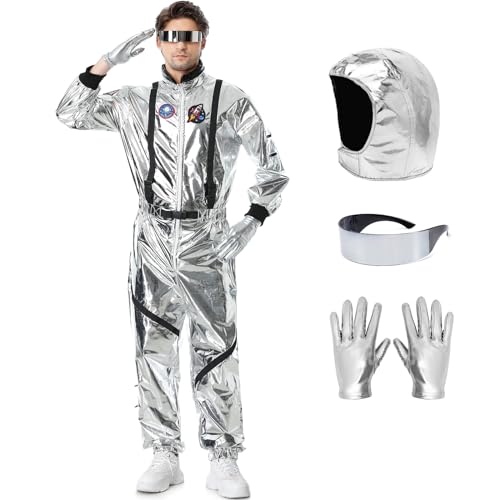 Ragelion Astronaut Kostüm Herren,Silber Astronauten Kostüm Overall für Herren Damen Spaceman Kostüm für Karneval Halloween von Ragelion