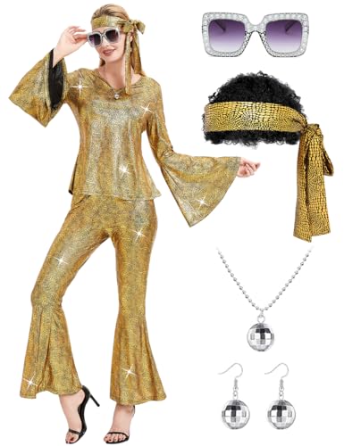 Ragelion Disco Outfit Damen,60er 70er Jahre Outfit Damen für Halloween Party mit Top Hose Zubehör (Goldene, L) von Ragelion