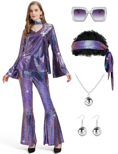 Ragelion Disco Outfit Damen,60er 70er Jahre Outfit Damen für Halloween Party mit Top Hose Zubehör (Lila, L) von Ragelion