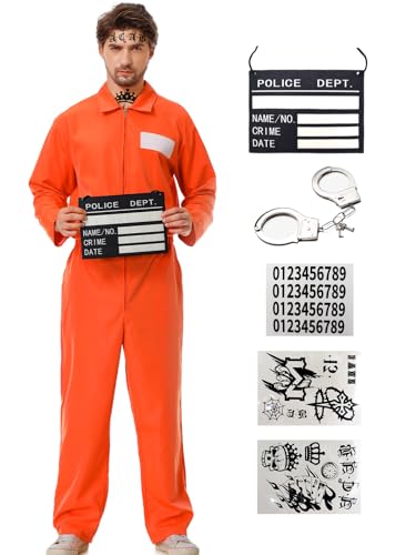 Ragelion Gefangener Jumpsuit Kostüm Orange Gefängnis Insasse Outfit Erwachsene Gefängnis Uniform für Halloween (orange, 2XL) von Ragelion