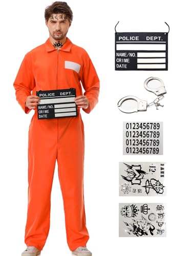 Ragelion Sträfling Kostüm Herren,Prisoner Overall Kostüm Orange Gefangener Kostüm für Erwachsene Damen Halloween von Ragelion