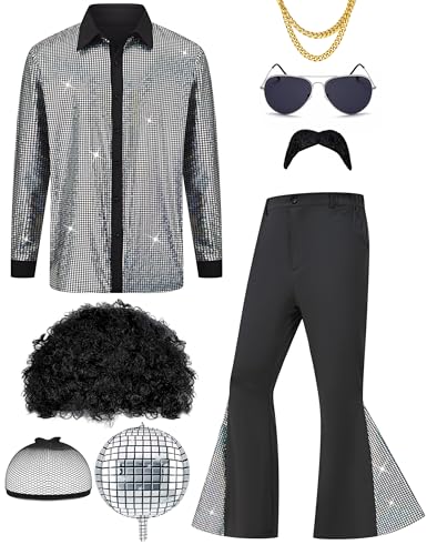 Ragelion Herren 70er Jahre Outfit Retro Disco Kostüm Set Männer Hippie Kostüm Hemd und Schlaghosen für Karneval oder Mottoparty Ragelion Herren 70er Jahre Outfit Retro Disco Kostüm Set Männer Hippie Kostüm Hemd und Schlaghosen für Karneval oder Mottoparty von Ragelion