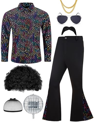 Ragelion Herren 70er Jahre Outfit Retro Disco Kostüm Set Männer Hippie Kostüm Hemd und Schlaghosen für Karneval oder Mottoparty von Ragelion