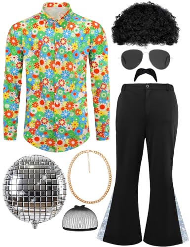 Ragelion Herren 70er Retro Kostüm Disco Kostüm Set Hippie Hemd Blumen mit Perücke Sonnenbrille Schnurrbart Kettenring Disco Zubehör von Ragelion