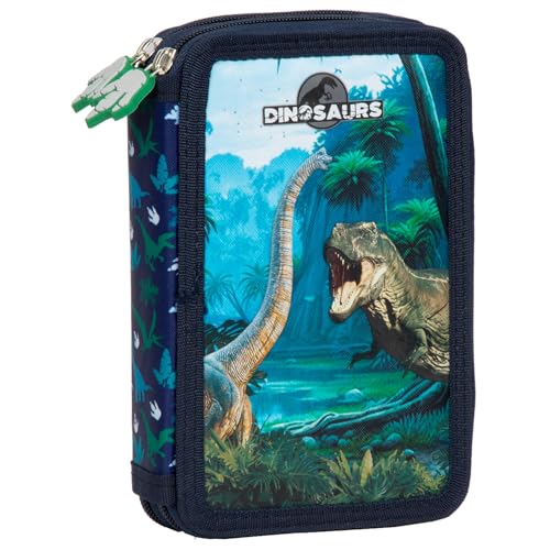 Ragusa-Trade Dino Dinosaurier T-Rex Tyranussaurus Rex, 2-Fach Federtasche Federmappe, 27 TLG. gefüllt (17) für Kinder Jungen Mädchen, blau, 21 x 12 x 4 cm von Ragusa-Trade