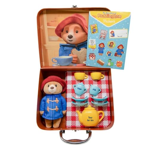 Rainbow Designs Paddington Bärenspielzeug Teeset, 9-teiliges Kinder-Teeset mit Teekanne, Tassen, Untertassen und Zuckerdose, mit kuscheligem Plüschtier, wiederverwendbarem Koffer & Stickerbogen von Rainbow Designs