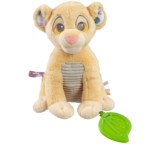 Disney König der Löwen weiches Plüschtier – Simba sensorisches Aktivitätsspielzeug mit Beißring, Raschelohren und texturiertem Bäuchlein, Yellow (Gelb) von Rainbow Designs