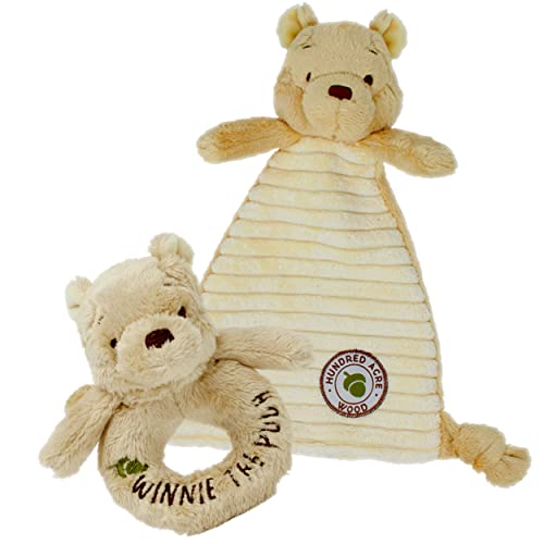 Regenbogen Designs Winnie der Pooh Stofftier-Geschenk-Satz - Plüsch-Kuscheldecke und Ring-Rassel, Baby-Geschenk, Winnie der Pooh aus dem Hundertmorgenwald, Neugeborenes superweiches Geschenk von Rainbow Designs