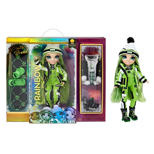 Rainbow High 574781EUC Winter Break Jade Hunter-Grüne Modepuppe mit 2 Outfits, Skiausrüstung und Puppenständer-Snowboard, Schlittschuhe, Accessoires und mehr-Sammelpuppe für Kinder ab 6 Jahren von Rainbow High