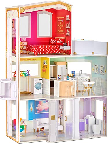 Rainbow High Haus Spielset - 3-stöckiges Holzhaus (120 cm hoch, 90 cm breit), voll eingerichtet mit Bad, Dusche, Waschbecken, Aufzug und 50+ Accessoires, tolles Geschenk für Kinder von 6-12 Jahren von Rainbow High