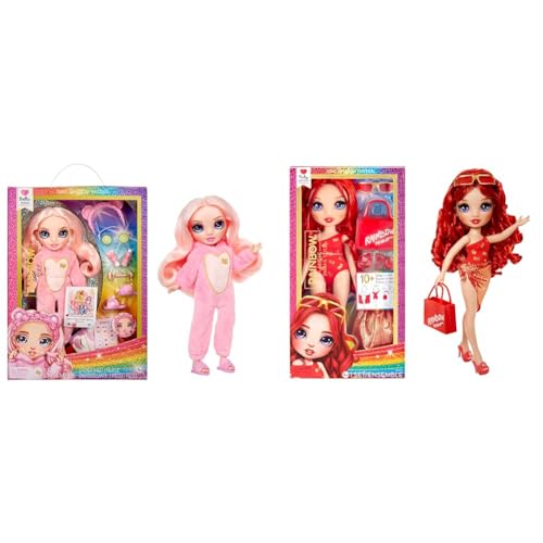 Rainbow High Junior High PJ Party - Bella (Pink) - 22 cm Puppe mit weichem Einteiler & Swim & Style - Ruby (Rot) - 28 cm Große Puppe von Rainbow High