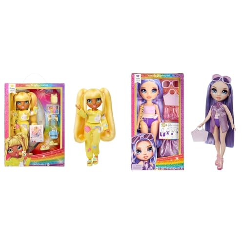 Rainbow High Junior High PJ Party - Sunny (Gelb) & Swim & Style - Violet (Lila) - 28 cm Große Puppe mit Schimmerndem Pareo von Rainbow High