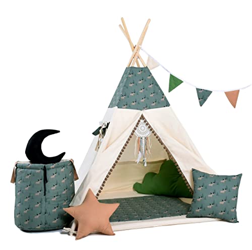 Rainbow Kids Tipi Zelt für Kinder | Baumwollsegeltuch Tippi Kinderzelt, Mehrere Muster und Farben mit und ohne Spielzubehör für Outdoor- und Indoor-Kinderspaß (Elchilein, mit Zubehör) von Rainbow Kids