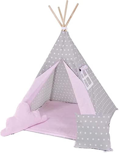 Rainbow Kids Tipi Zelt für Kinder | Baumwollsegeltuch Tippi Kinderzelt, Mehrere Muster und Farben mit und ohne Spielzubehör für Outdoor- und Indoor-Kinderspaß (Grauer Stern, ohne Zubehör) von Rainbow Kids