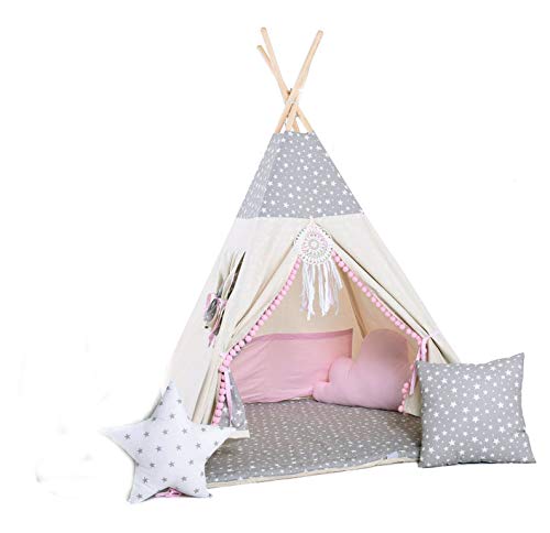 Rainbow Kids Tipi Zelt für Kinder | Baumwollsegeltuch Tippi Kinderzelt, Mehrere Muster und Farben mit und ohne Spielzubehör für Outdoor- und Indoor-Kinderspaß (Wolfstern Rosa, mit Zubehör (klein)) von Rainbow Kids