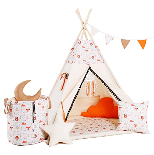 Rainbow Kids Tipi Zelt für Kinder | Baumwollsegeltuch Tippi Kinderzelt, Mehrere Muster und Farben mit und ohne Spielzubehör für Outdoor- und Indoor-Kinderspaß (Fuchsi und Bärchen, mit Zubehör) von Rainbow Kids