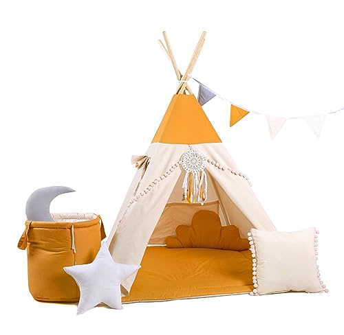 Rainbow Kids Tipi Zelt für Kinder | Baumwollsegeltuch Tippi Kinderzelt, Mehrere Muster und Farben mit und ohne Spielzubehör für Outdoor- und Indoor-Kinderspaß (mit Zubehör, Honigland) von Rainbow Kids