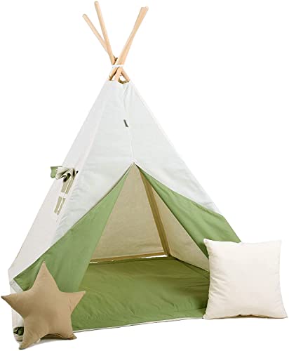 Rainbow Kids Tipi Zelt für Kinder | Baumwollsegeltuch Tippi Kinderzelt, Mehrere Muster und Farben mit und ohne Spielzubehör für Outdoor- und Indoor-Kinderspaß (Grüner Wolf, ohne Zubehör) von Rainbow Kids