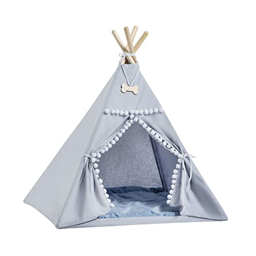 Tipi Zelt Hund - Hundezelt extra geräumig 95 cm Höhe - Katzenzelt Kratzfest - Ideale Haustierhöhle - Anti Geruch/Flecken Stoff Oeko-TEX 100 Zertifiziert (Grauer Pompon) von Rainbow Kids