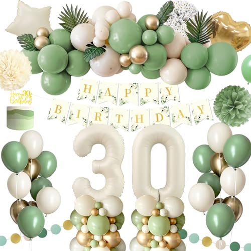 Deko 30 Geburtstag Frau Mann,Geburtstagsdeko 30 Männer Frauen,30 Geburtstag Frauen Avocado Grüne Gold Sandweiß Luftballons mit Happy Birthday Banner,Pompoms für Frau Mann 30. Geburtstag Dekorationen von Rainllon