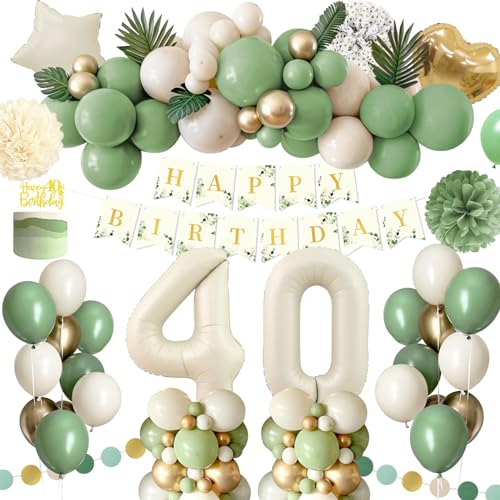 Deko 40 Geburtstag Frau Mann,Geburtstagsdeko 40 Männer Frauen,40 Geburtstag Frauen Avocado Grüne Gold Sandweiß Luftballons mit Happy Birthday Banner,Pompoms für Frau Mann 40. Geburtstag Dekorationen von Rainllon