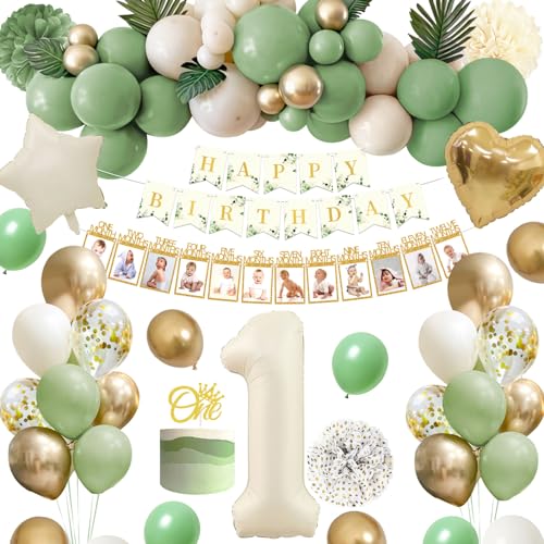 Geburtstagsdeko 1 jahr,Rainllon 1 Geburtstag Junge Mädchen,kindergeburtstag Deko Avocado Grüne Gold Sandweiß Luftballon,Deko 1. Geburtstag mit Fotogirlande,Pompons für Luftballons 1. Geburtstag von Rainllon