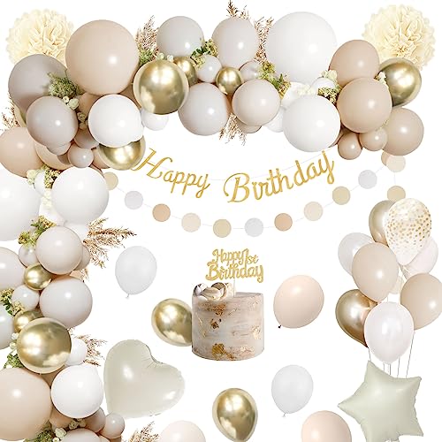 Geburtstagsdeko Beige Gold,Rainllon Deko Geburtstag Sandweiß Gold Mädchen Junge,Kindergeburtstag Deko Beige Luftballons Geburtstag,Happy Birthday Banner Deko,Pompons für Männer Frauen Geburtstag Deko von Rainllon