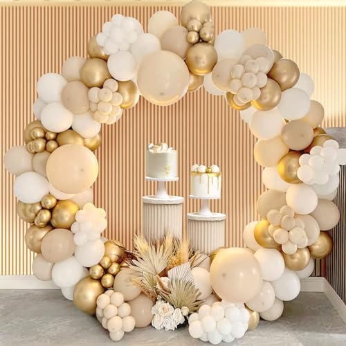 Luftballon Girlande Weiß Gold Nude,Rainllon 124pcs Ballon Girlande Beige,Ballon Girlande Set Geburtstagsdeko Boho,Ballongirlande Geburtstag Deko Frauen für Hochzeit,Baby Shower,Geburtstag Party von Rainllon