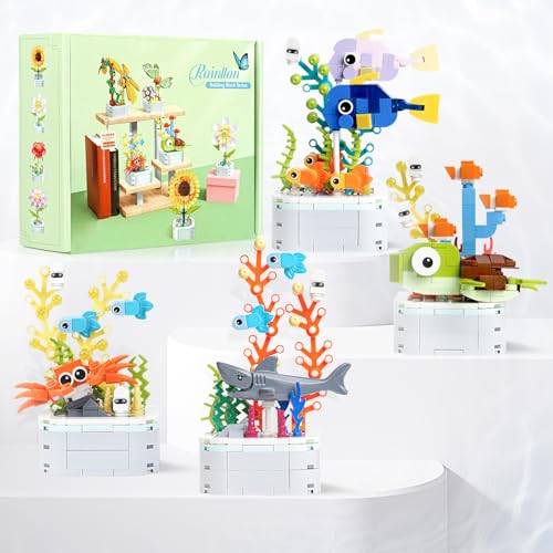 Ozeane Bausteine Set,4 Meeresorganismus mit Basis,626 PCS DIY Bauspielzeugsets Aquarium Baustein,Clownfische, Schildkröten,Krabben,Haie,Bauspielzeug Erwachsene Kinder für Schreibtisch Dekoration von Rainllon