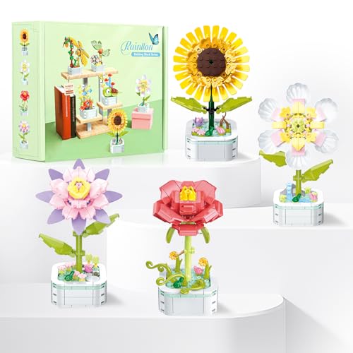 Rainllon Blumen Bausteine Set,4 Blumenstrauß mit Blumensockel,500 PCS DIY Bauspielzeugsets Bouquet Baustein,Sonnenblume,Rosen,Lotus,Kreisblume Botanical Collection für Hausdeko von Rainllon