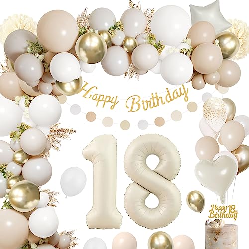 Deko 18 Geburtstag Mädchen Junge,Rainllon Geburtstagsdeko 18 Mädchen Beige Gold,18. Geburtstag Sandweiß Gold Luftballon,Geburtstags Deko mit Happy Birthday Banner für 18. Geburtstag Dekorationen von Rainllon