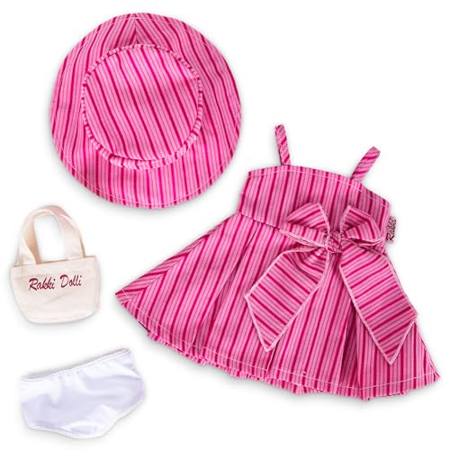 Rakki Dolli Puppenkleidungszubehör, 4-teiliges Set mit rosa Prinzessinnenkleidern, gestreiftem Camisole Kleid, Neckholder-Kleid und Hut und weißer Unterwäsche und modischer Canvas-Handtasche (Puppe von Rakki Dolli