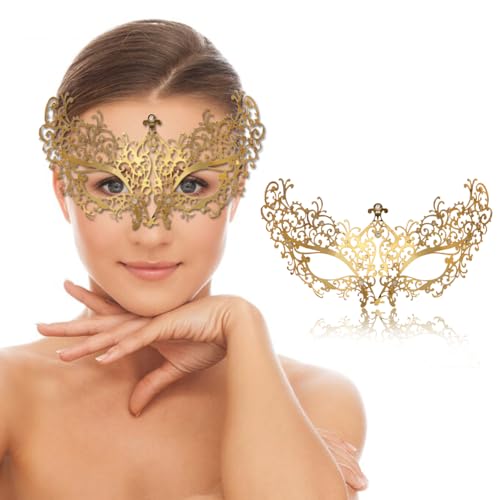 Maskerade-Maske für Damen, venezianische Metallmaske für Party, Halloween, Kostüm, Cosplay (Blumen-Gold) von Ralleyfun