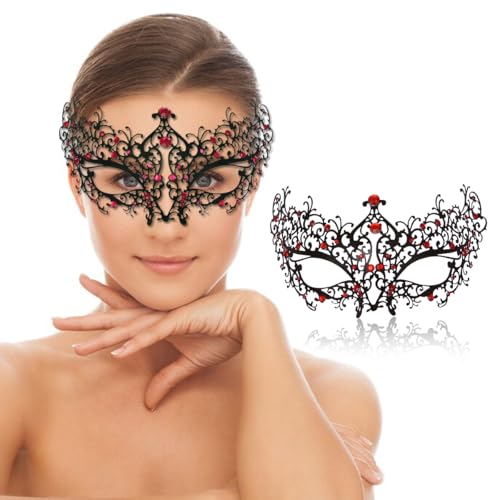 Maskerade-Maske für Damen, venezianische Metallmaske für Party, Halloween, Kostüm, Cosplay (Blumen-Rot) von Ralleyfun