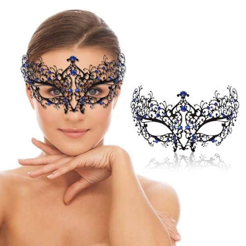 Maskerade-Maske für Damen, venezianische Metallmaske für Party, Halloween, Kostüm, Cosplay (Blumenblau) von Ralleyfun