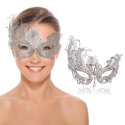 Maskerade-Maske für Damen, venezianische Metallmaske für Party, Halloween, Kostüm, Cosplay (Phoenix-Silber) von Ralleyfun